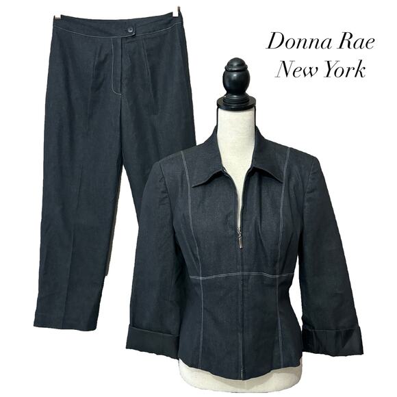 Donna Rae NY Black Faux Denim Zipper 1/2 Sleeve Blazer Pant Suit Set Size 6 - Picture 1 of 13